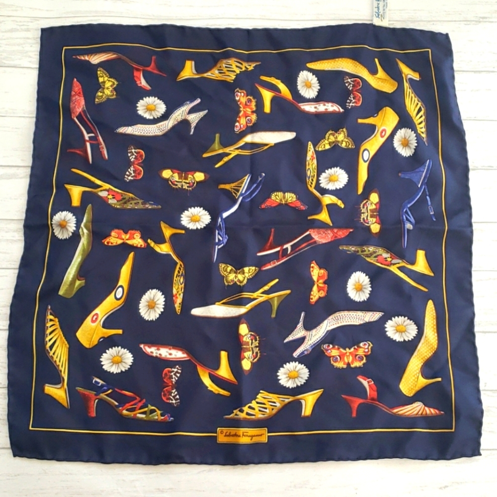 SALVATORE FERRAGAMO Blue Silk Scarf w/Shoe Design